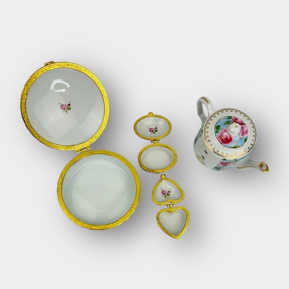 Vintage Sorelle porcelain floral trinket box set round oval heart with teapot - Picture 3 of 7